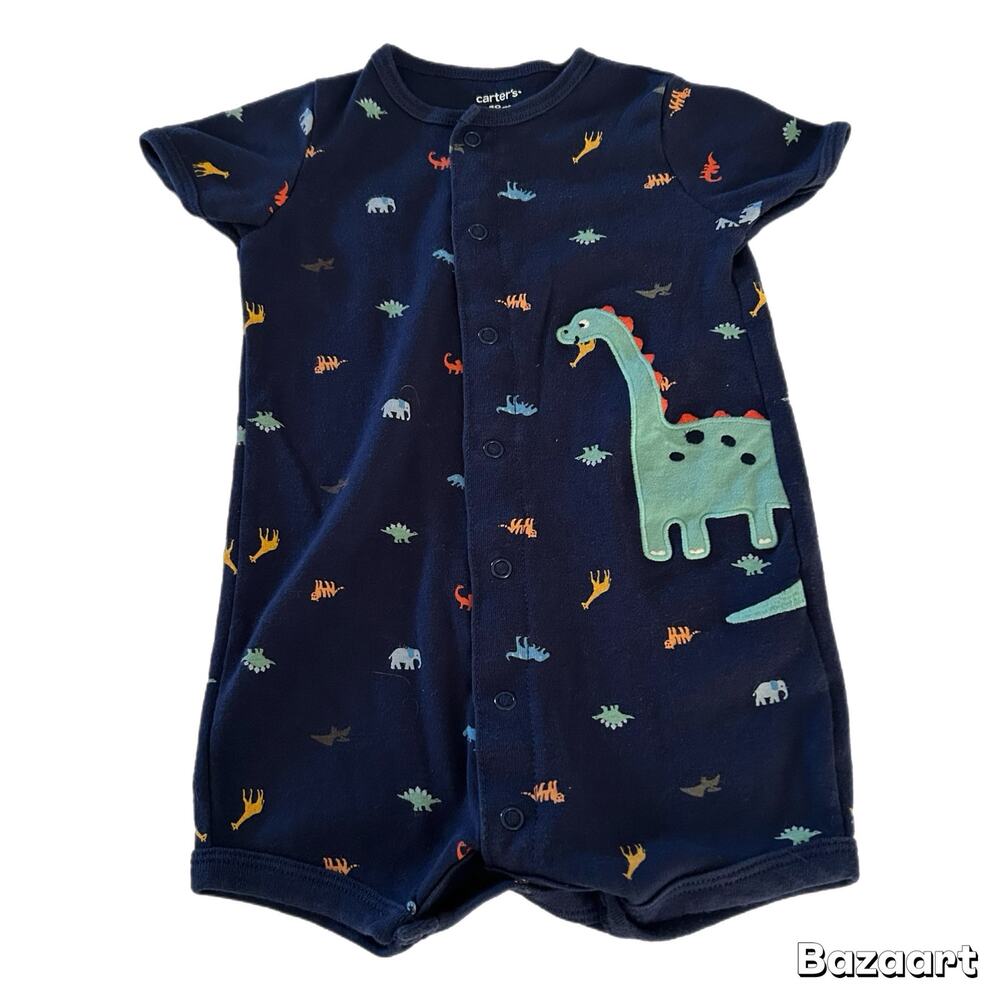 Carter’s Short Sleeve Button Snap Dinosaur Romper 18M Navy